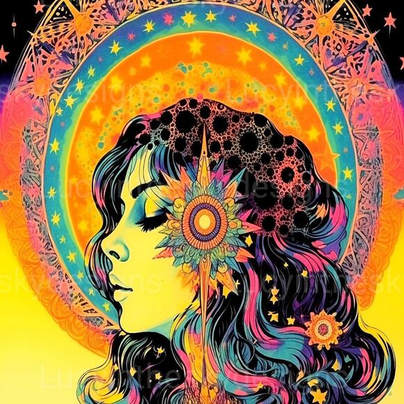 Art Nouveau Neon Cosmo Hippie Dreamy Psychedelic Meditation Art Print Wall Decor - Picture 2 of 5